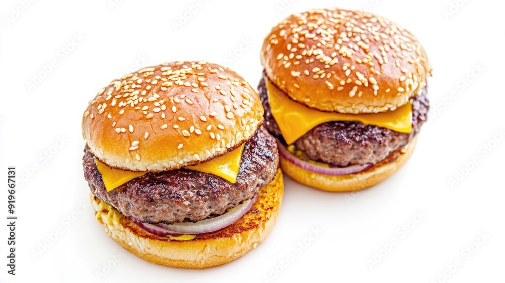 A double-stacked cheeseburger with lettuce, tomato, and onion. Served on a bun. A double-stacked cheeseburger with lettuce, tomato, and onion. Served on a bun.