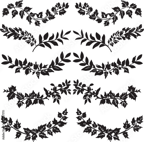 Floral Branches Artistic Silhouette Elements in Black