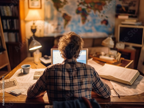 A man is sitting at a desk with a laptop and a book. He is looking at the laptop screen