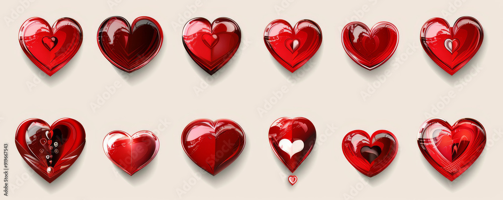 Collection of glossy red hearts with various designs on a light background. Collection of glossy red hearts with various designs on a light background.