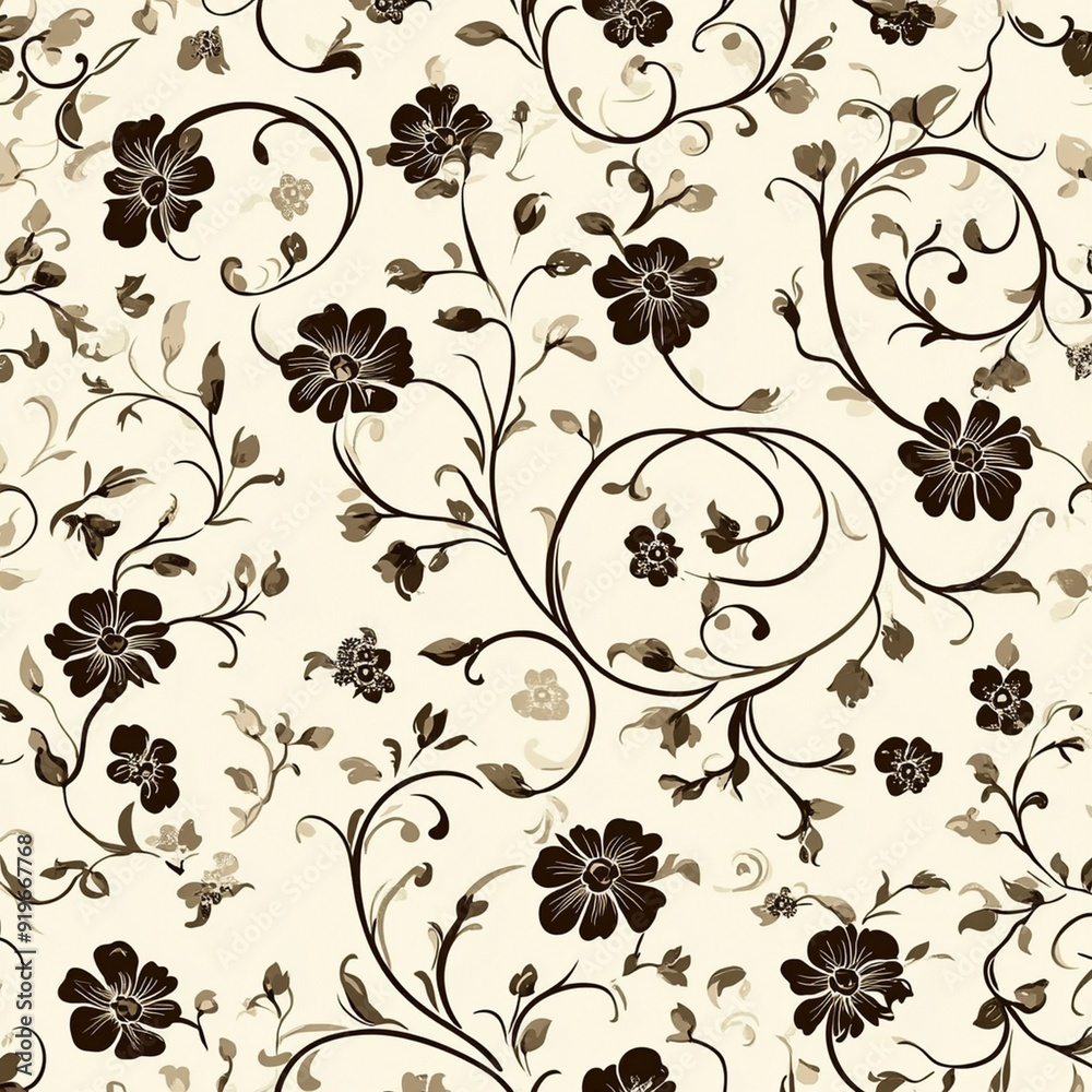 A sophisticated blend of brown flowers and swirling patterns over a cream base A sophisticated blend of brown flowers and swirling patterns over a cream base