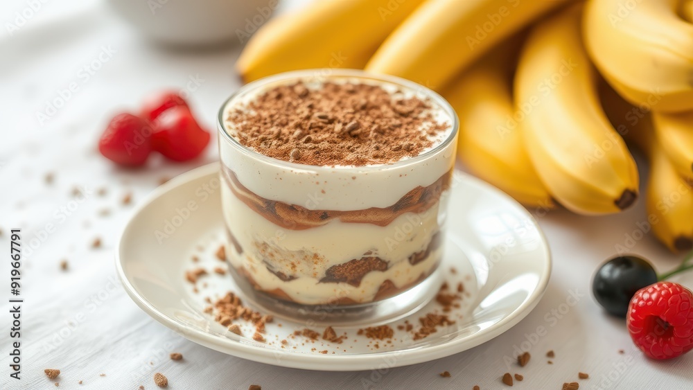 Tiramisu, a perfect Italian dessert, on a table decorated with strawberries. Tiramisu, a perfect Italian dessert, on a table decorated with strawberries.