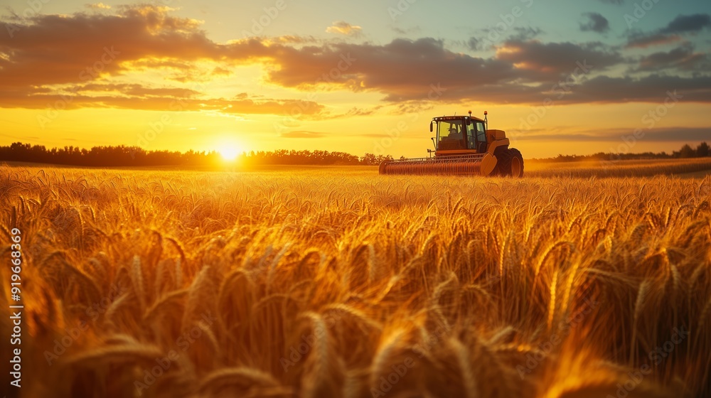 Fototapeta premium Golden wheat field with a tractor harvesting at sunset near a serene landscape