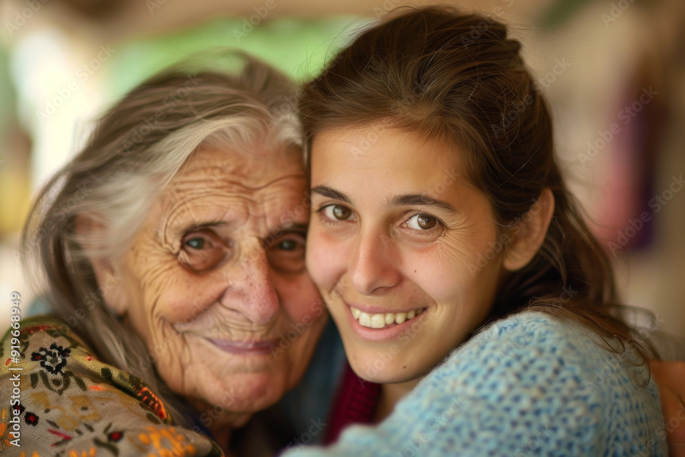 Elderly woman and young caregiver smiling together, close bond Elderly woman and young caregiver smiling together, close bond