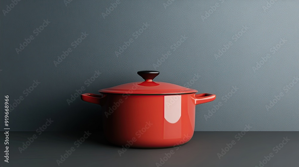 Red enamel pot with lid on a dark gray countertop and textured background. Red enamel pot with lid on a dark gray countertop and textured background.