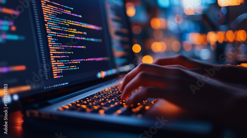 Hands typing on a laptop keyboard, the screen reflecting code being written. The setting is a tech workspace with multiple monitors and gadgets around.