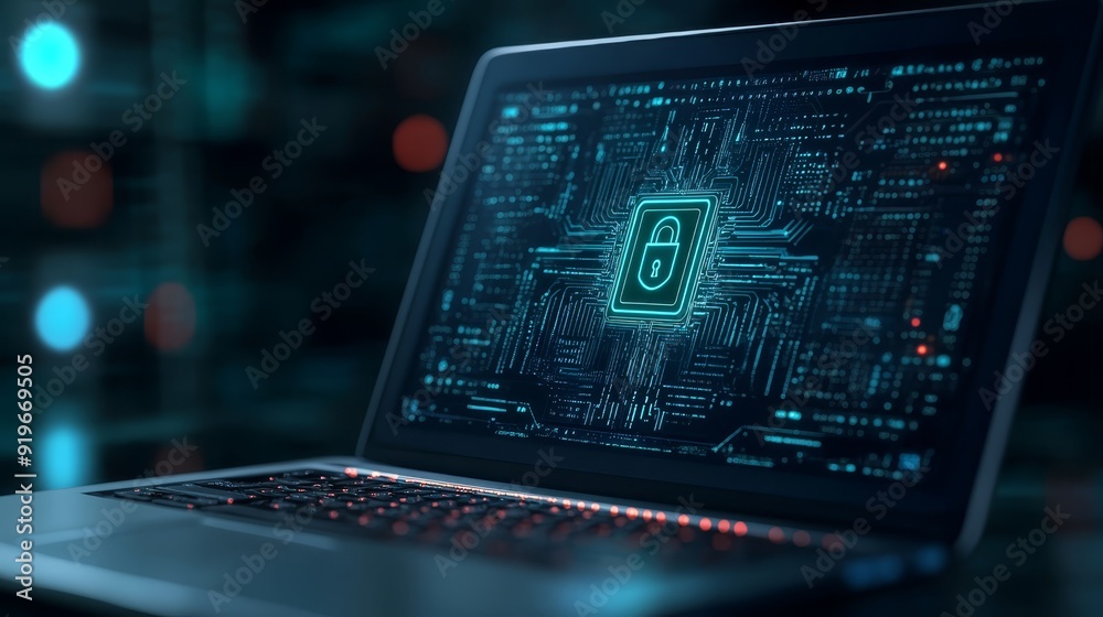 Cybersecurity concept with locked laptop screen Cybersecurity concept with locked laptop screen