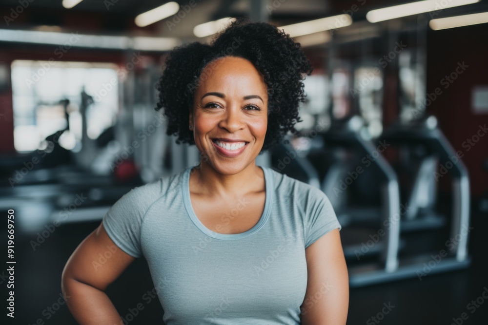 Smiling portrait of a slightly overweight middle aged woman in gym Smiling portrait of a slightly overweight middle aged woman in gym