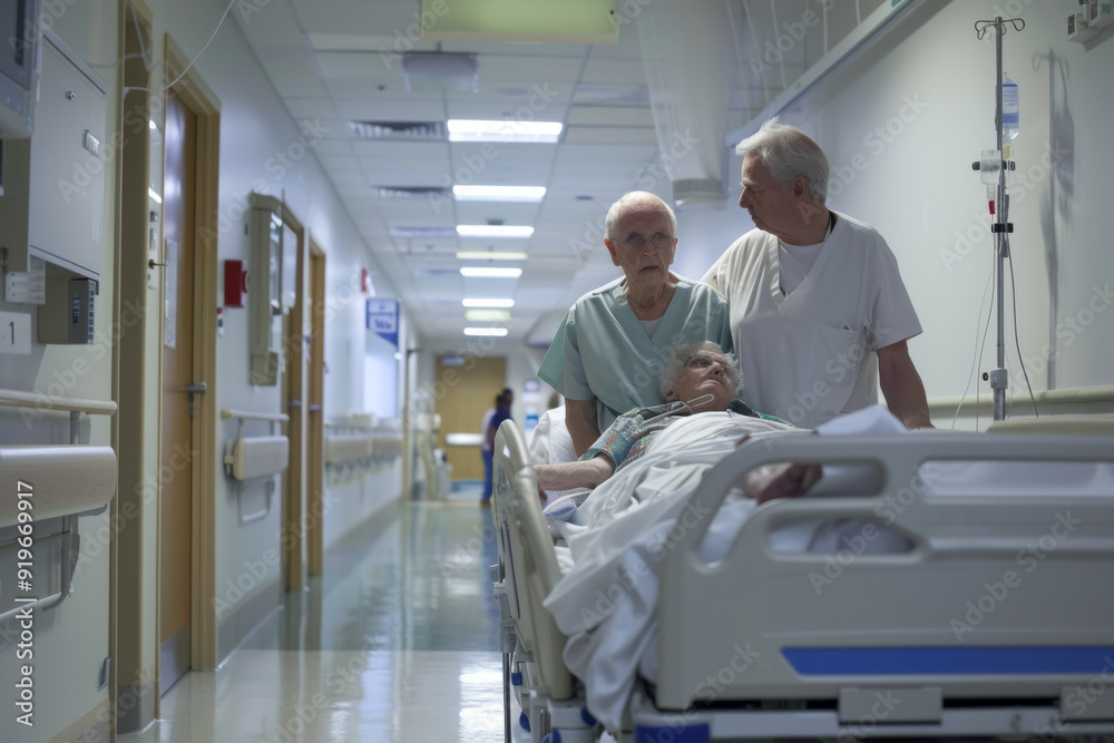 Elderly patient in a hospital bed receiving a visit from a healthcare worker in a clinical corridor. Elderly patient in a hospital bed receiving a visit from a healthcare worker in a clinical corridor.