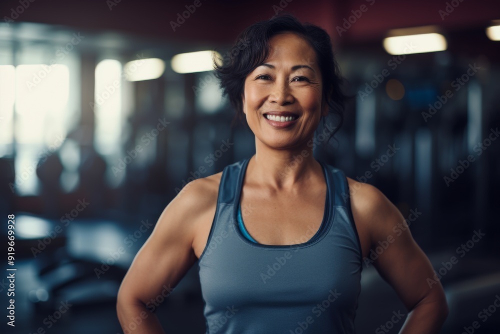 Smiling portrait of a slightly overweight middle aged woman in gym Smiling portrait of a slightly overweight middle aged woman in gym