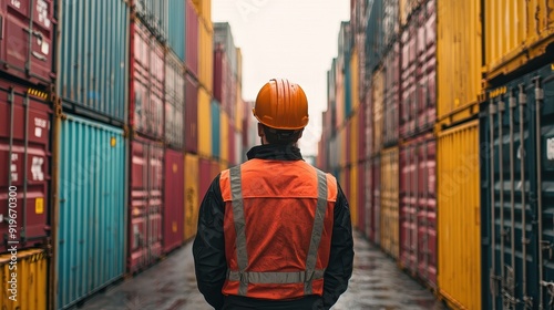 A man wearing full ppe standing looking at port cargo