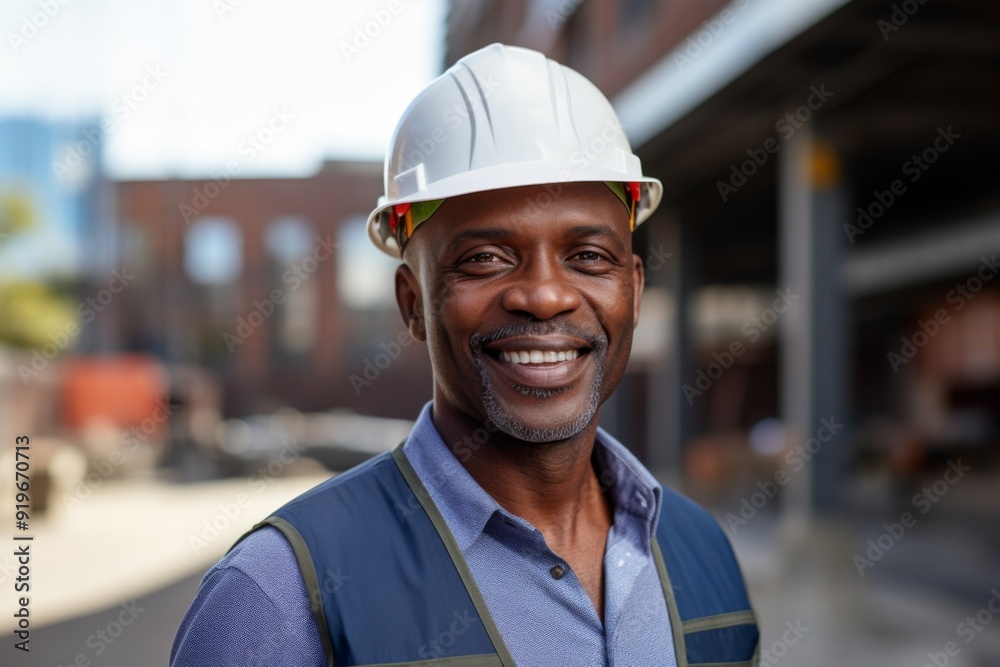 Smiling portrait of a middle aged African American male engineer on construction site Smiling portrait of a middle aged African American male engineer on construction site