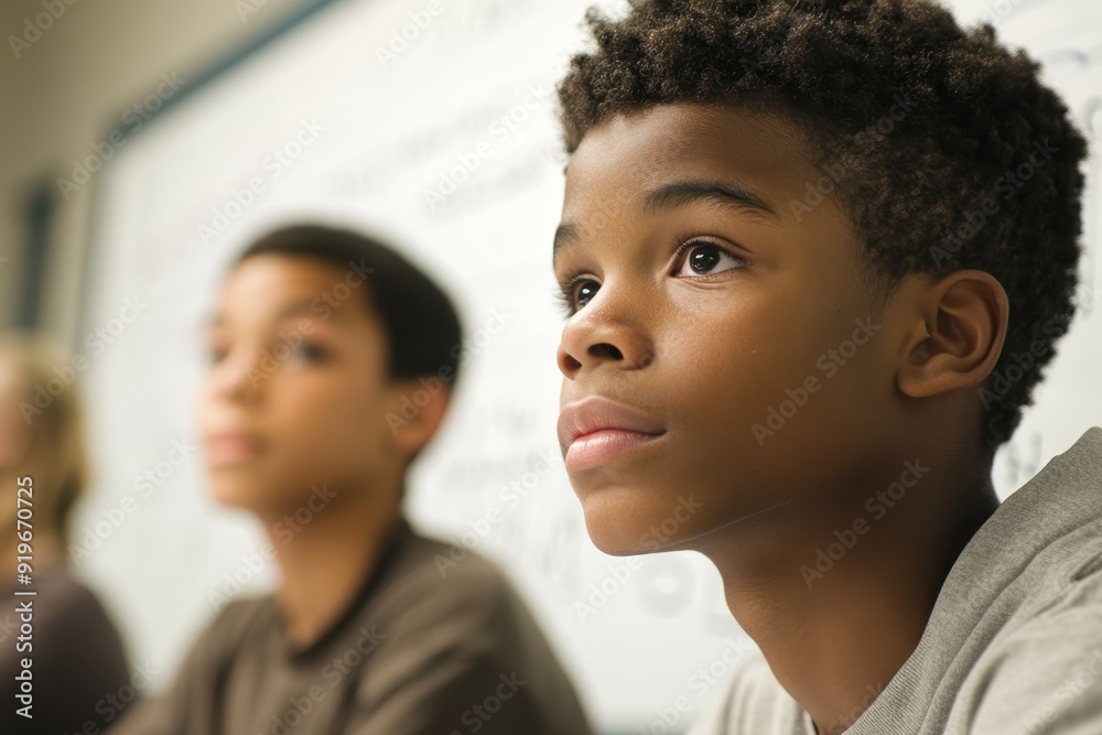 Focused Student Solving Math Equation on Whiteboard in Classroom