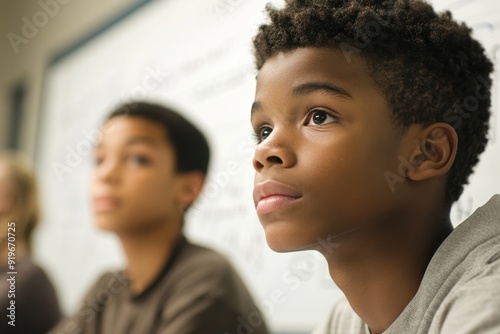 Focused Student Solving Math Equation on Whiteboard in Classroom