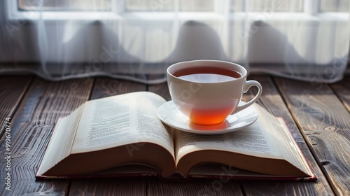 Open book and a cup of tea on the table, Generative AI.