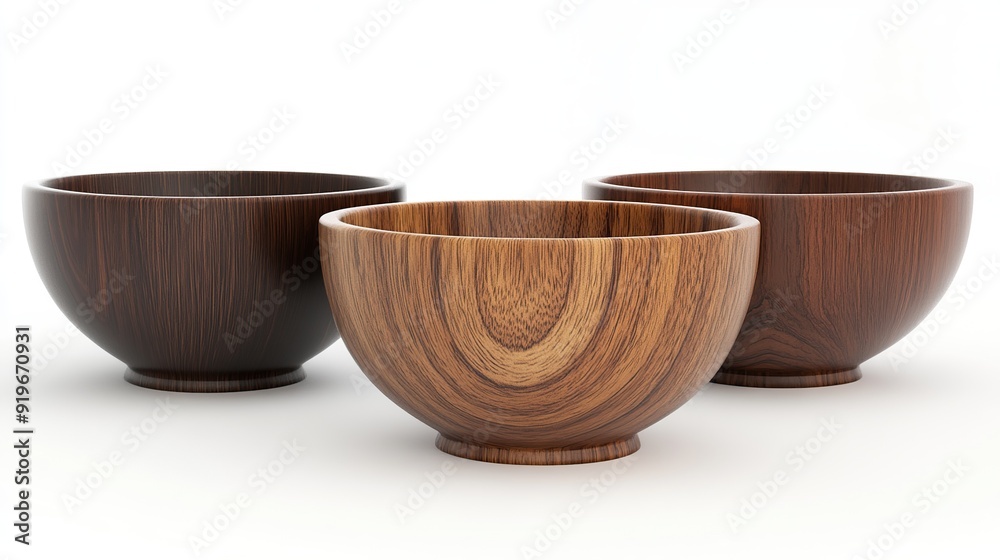 Three empty wooden bowls isolated on a white background. Three empty wooden bowls isolated on a white background.