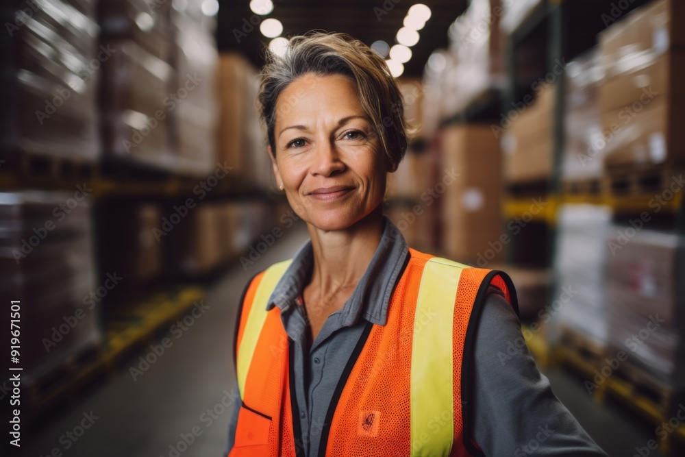 Fototapeta premium Portrait of a smiling middle aged female warehouse worker
