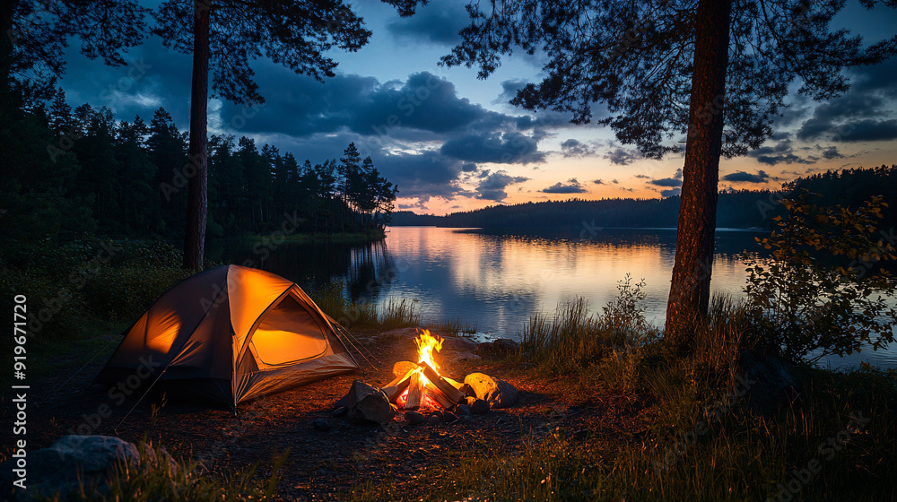 camping near bright fire in spruce forest under starry magical sky, around campfire, enjoying fresh air near tent. Tourism, camping concept.