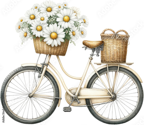 A bicycle with a basket full of flowers on the front. The basket is filled with daisies and the bike is white