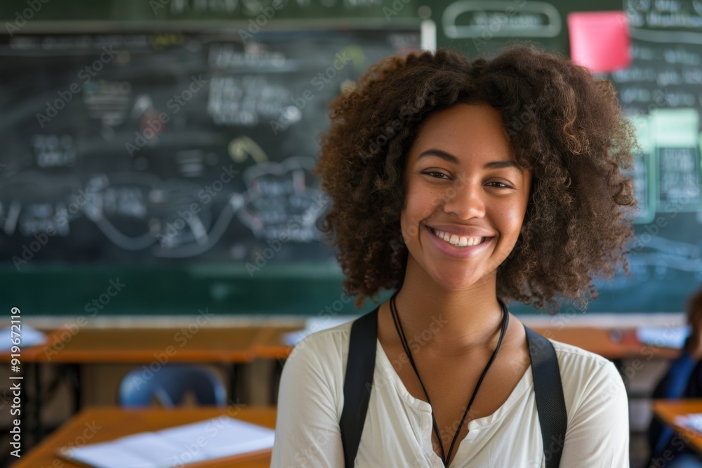 Portrait of a young smiling female teacher classroom Portrait of a young smiling female teacher classroom