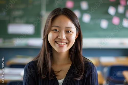 Portrait of a young smiling female teacher classroom