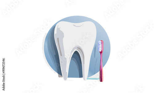 Giant tooth with toothbrush; dentistry concept