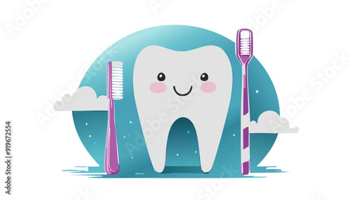 Giant tooth with smile and toothbrush; dentistry concept