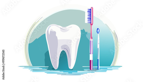 Giant tooth with toothbrush; dentistry concept