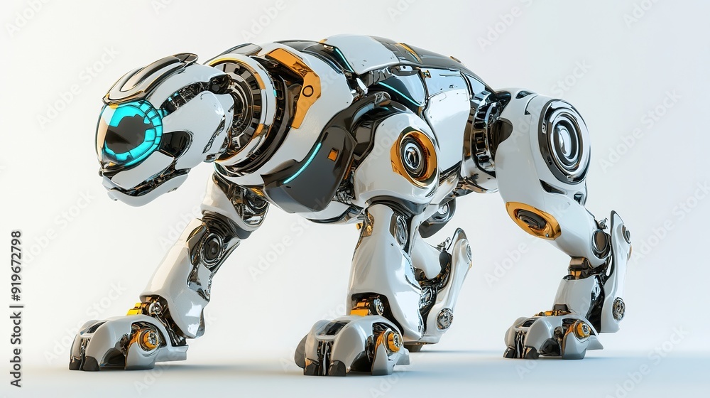 White and Gold Robotic Animal in a Crouching Position.