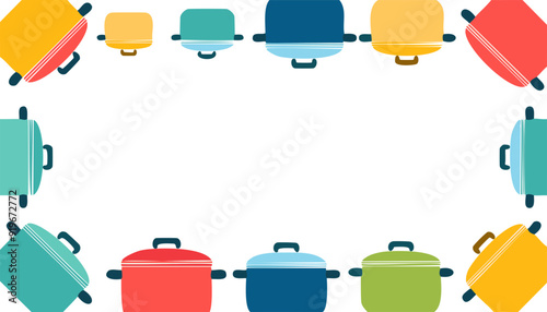 Boarder frame of colorful cooking pots set