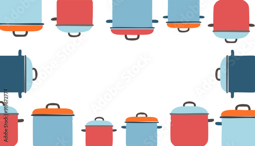 Boarder frame of colorful cooking pots set