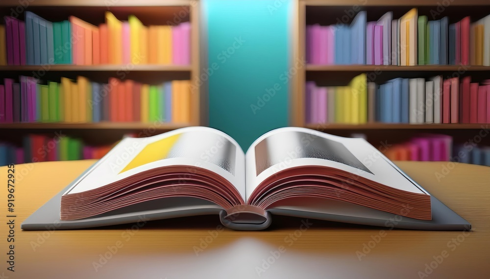 An open book rests on a table, surrounded by colorful shelves filled with books, symbolizing knowledge and education. An open book rests on a table, surrounded by colorful shelves filled with books, symbolizing knowledge and education.