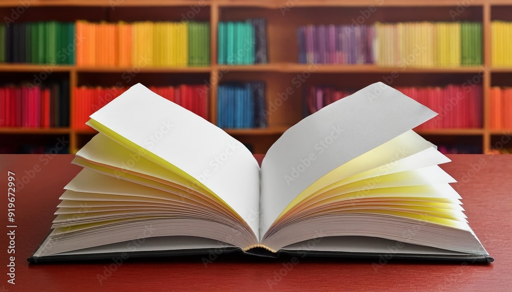 An open book showcasing blank pages, positioned on a tabletop with a colorful bookshelf in the background. An open book showcasing blank pages, positioned on a tabletop with a colorful bookshelf in the background.