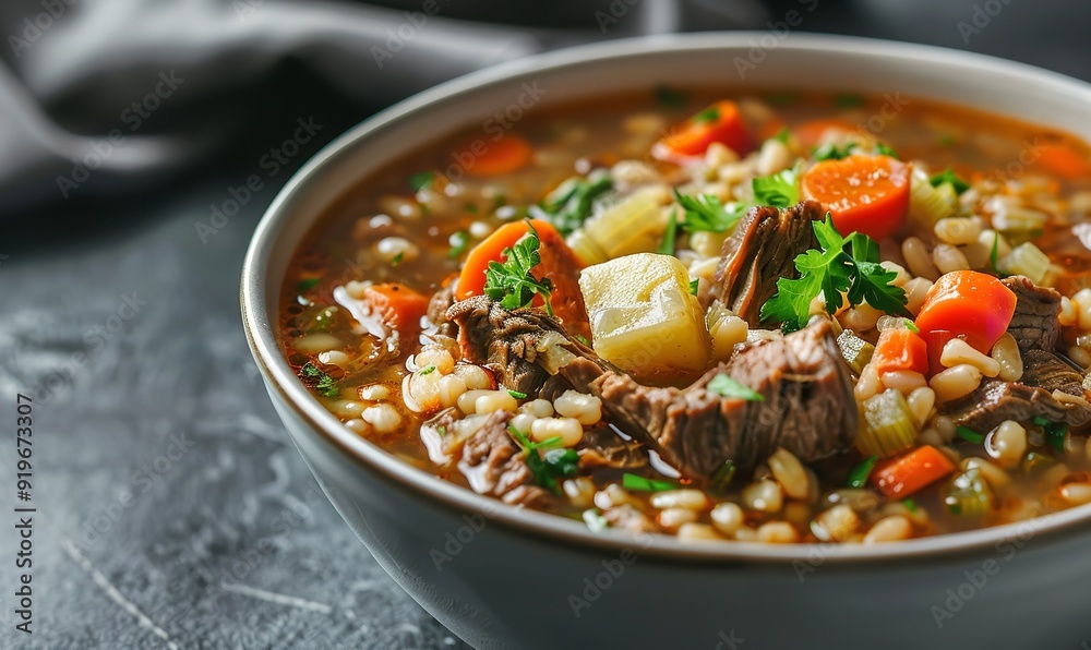 Satisfying beef barley soup with savory broth and vegetables; hearty, handmade, soothing soup with vegetables replicate space, Generative AI. Satisfying beef barley soup with savory broth and vegetables; hearty, handmade, soothing soup with vegetables replicate space, Generative AI.