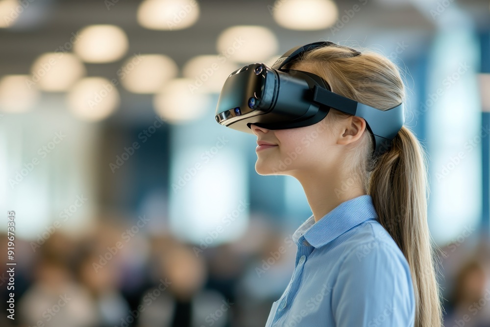 Future Education: Student Using VR Goggles in Modern Classroom Future Education: Student Using VR Goggles in Modern Classroom