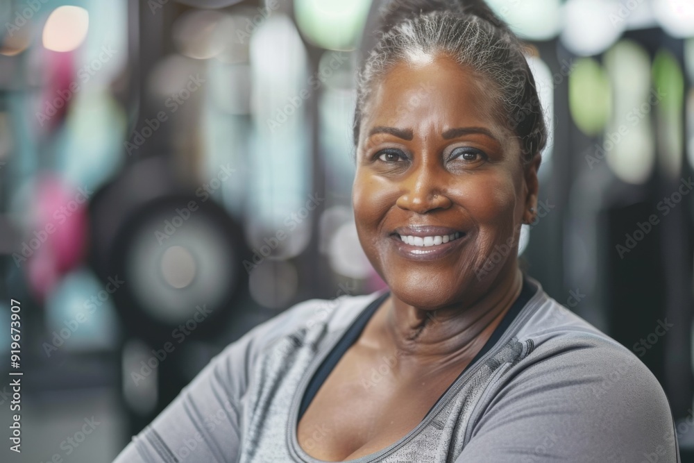 Smiling portrait of a middle aged slightly overweight black woman in gym
