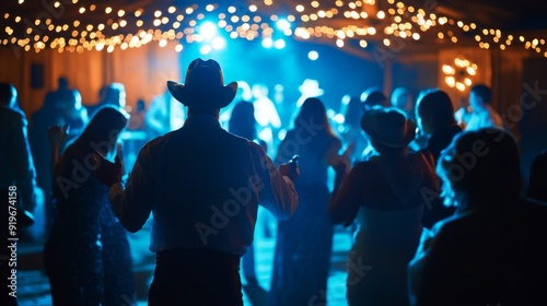 Attendees enjoy a lively country dance under string lights, dancing and socializing in a festive atmosphere at night.