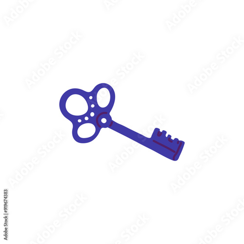 Vintage antique blue key flat icon, vector medieval entrance opener, old secret key retro style, Wicca antiquarian item
