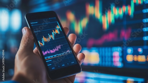 A businessman holding a mobile phone with stock market economy graph statistics showing profit growth analyzing financial exchanges on a blue background The concept revolves around growth