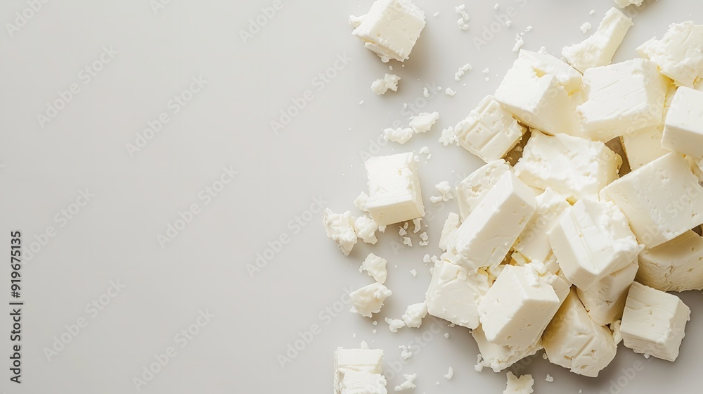 Tasty bits of feta cheese with a white background and writing space, Generative AI. Tasty bits of feta cheese with a white background and writing space, Generative AI.