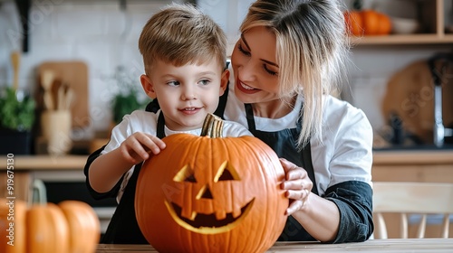 mother and son together in the kitchen with pumpkin, halloween holiday