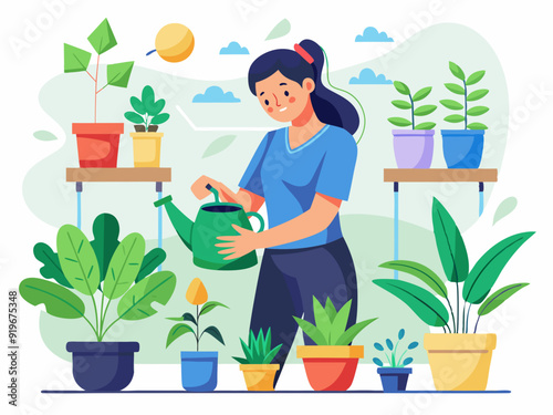Girls takes care houseplants. Young woman watering interior indoor green plants in pot. Lady growing home potted flowers in pots. Vector set
