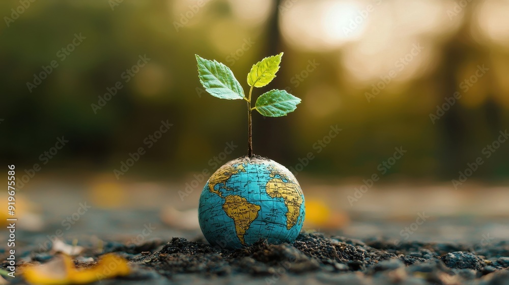 A small plant growing on a globe
