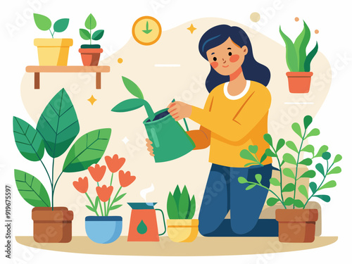 Girls takes care houseplants. Young woman watering interior indoor green plants in pot. Lady growing home potted flowers in pots. Vector set
