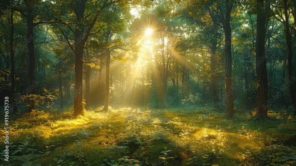 Sun rays stream through a lush green forest creating a magical atmosphere. Sun rays stream through a lush green forest creating a magical atmosphere.