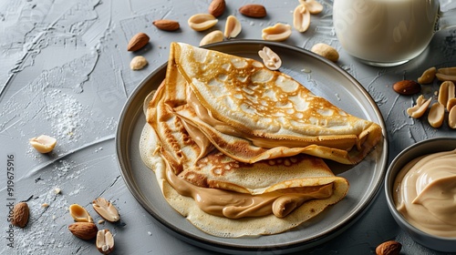 The thought of eating delicious crepes with peanut butter and milk on a gray table, Generative AI.