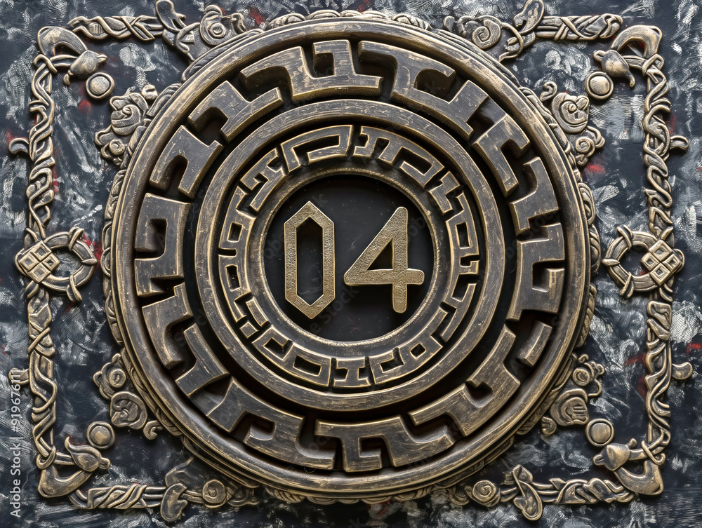 A gold and black circle with the number 04 in the center. The circle is surrounded by a pattern of lines and shapes A gold and black circle with the number 04 in the center. The circle is surrounded by a pattern of lines and shapes