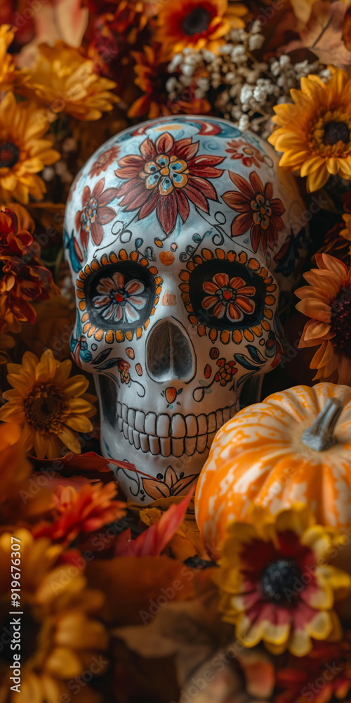 Colorful Day of the Dead Skull with Autumn Flowers and Pumpkin in Vibrant Setting Colorful Day of the Dead Skull with Autumn Flowers and Pumpkin in Vibrant Setting
