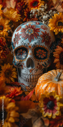 Colorful Day of the Dead Skull with Autumn Flowers and Pumpkin in Vibrant Setting