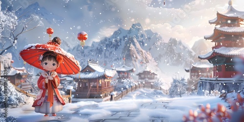 Beautiful 3D illustration of an Asian woman in traditional Hanfu, set against a snowy landscape featuring Chinese architecture and snow-capped mountains. This enchanting scene captures the elegance of